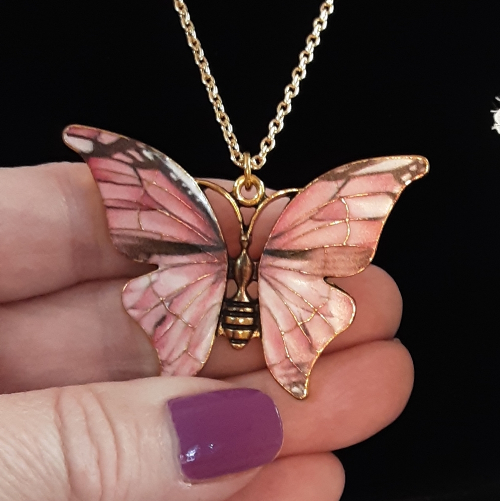 Handmade Butterfly Necklace Pink Goldtone 25" Long Chain